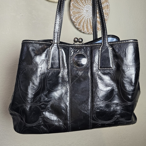 Coach Handbag  Black Patent Leather F15658 Coach Blue Interior Large 3 Section - Picture 1 of 16
